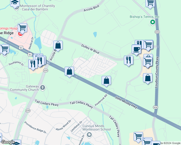map of restaurants, bars, coffee shops, grocery stores, and more near 24716 Malibu Terrace in Sterling