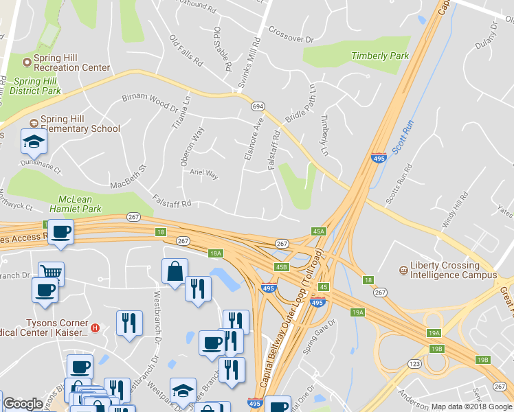 map of restaurants, bars, coffee shops, grocery stores, and more near 1402 Romeo Court in McLean