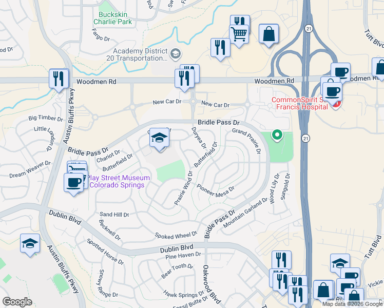 map of restaurants, bars, coffee shops, grocery stores, and more near 7290 Mineral Wells Drive in Colorado Springs