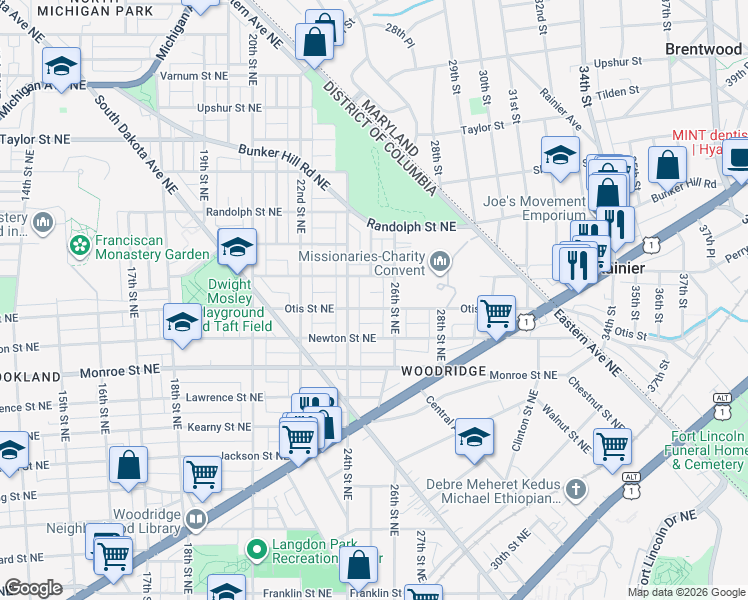 map of restaurants, bars, coffee shops, grocery stores, and more near 2422 Otis Street Northeast in Washington