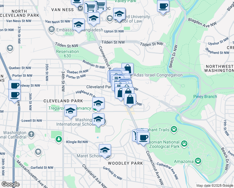 map of restaurants, bars, coffee shops, grocery stores, and more near 3446 Connecticut Avenue Northwest in Washington