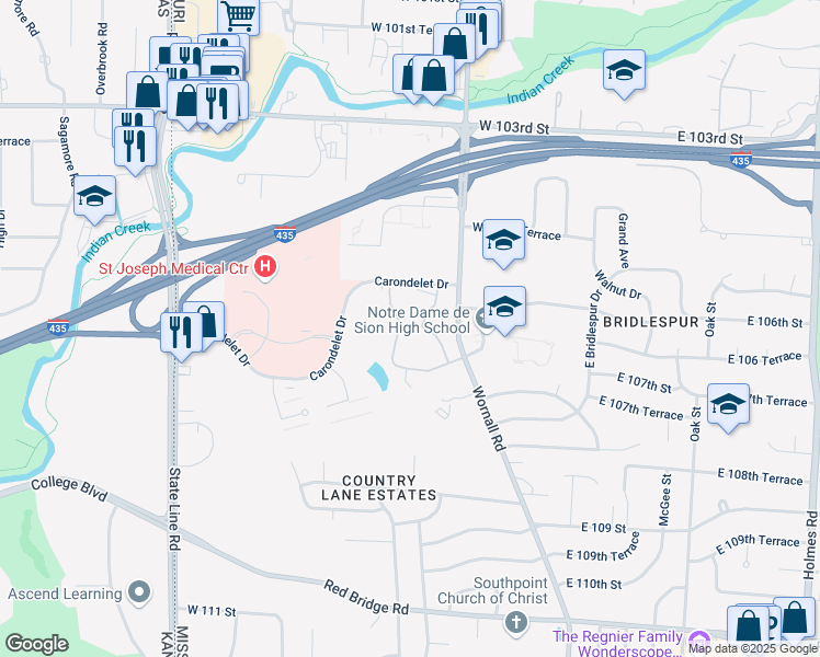 map of restaurants, bars, coffee shops, grocery stores, and more near 10601 Jefferson Street in Kansas City
