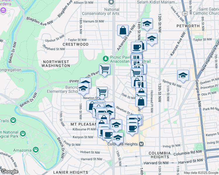 map of restaurants, bars, coffee shops, grocery stores, and more near 1610 Oak Street Northwest in Washington