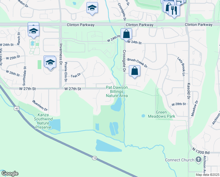 map of restaurants, bars, coffee shops, grocery stores, and more near 1136 West 27th Street in Lawrence