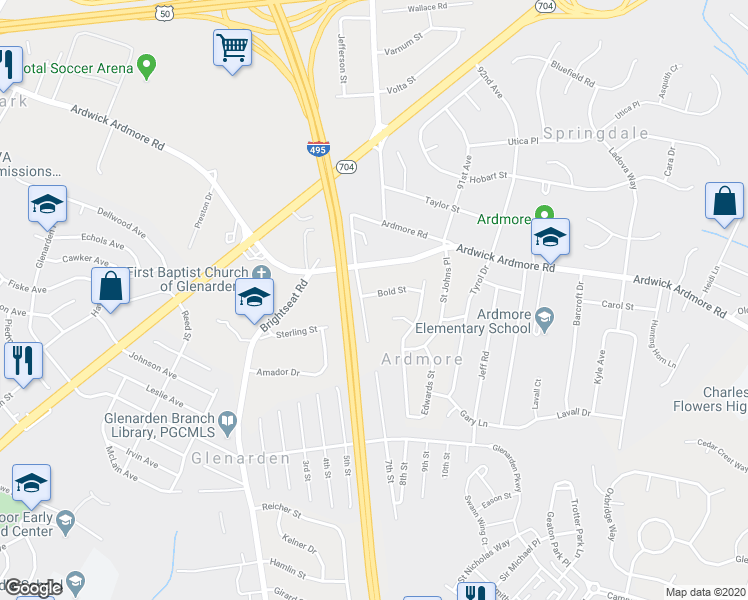 map of restaurants, bars, coffee shops, grocery stores, and more near 8903 Bold Street in Upper Marlboro