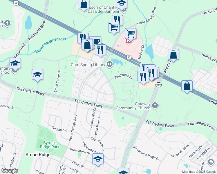 map of restaurants, bars, coffee shops, grocery stores, and more near 24653 Clock Tower Square in Stone Ridge
