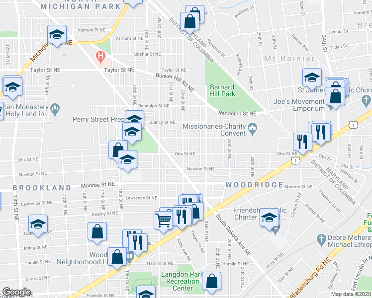 map of restaurants, bars, coffee shops, grocery stores, and more near 3707 22nd Street Northeast in Washington