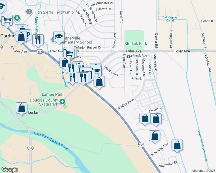 map of restaurants, bars, coffee shops, grocery stores, and more near 1373 Village Way in Gardnerville