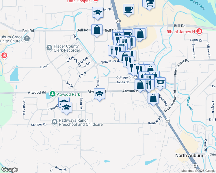 map of restaurants, bars, coffee shops, grocery stores, and more near 2365 Cottage Drive in Auburn