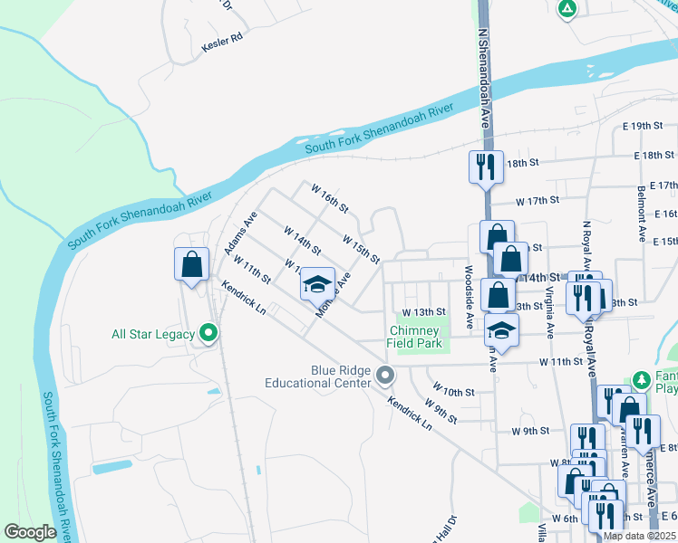 map of restaurants, bars, coffee shops, grocery stores, and more near 706 West 14th Street in Front Royal