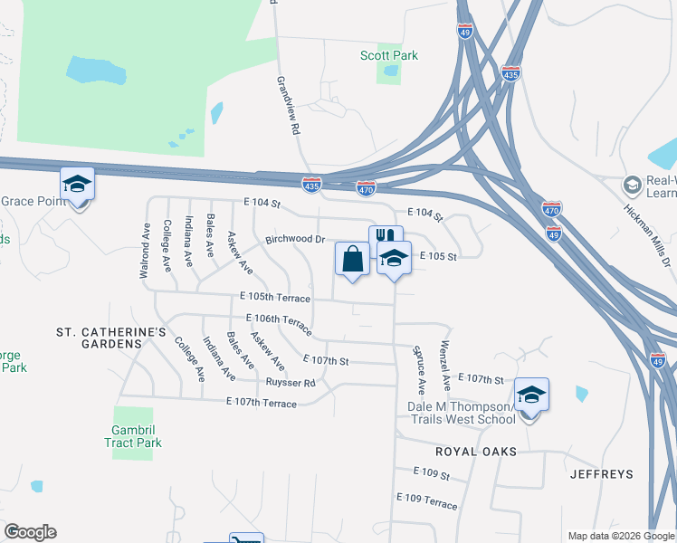 map of restaurants, bars, coffee shops, grocery stores, and more near 10525 Mersington Avenue in Kansas City