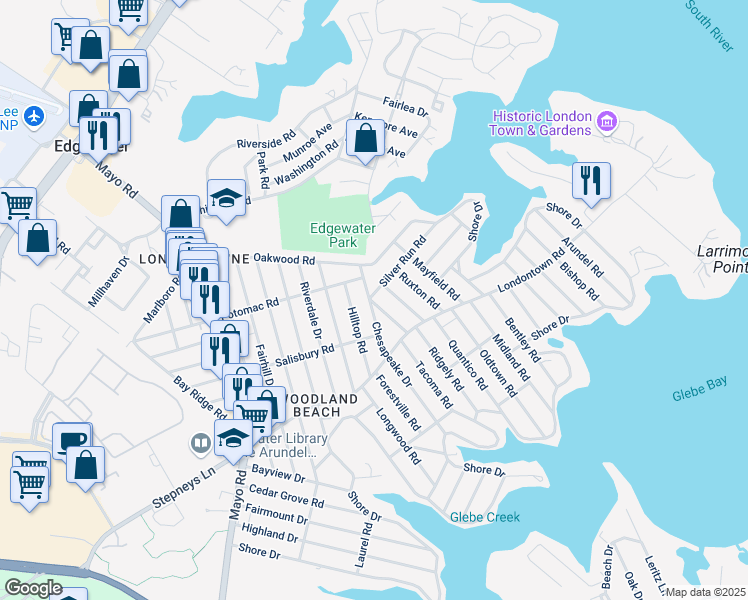 map of restaurants, bars, coffee shops, grocery stores, and more near 401 Silver Run Road in Edgewater