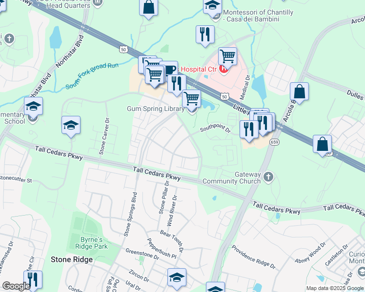 map of restaurants, bars, coffee shops, grocery stores, and more near 24656 Kings Canyon Square in Aldie