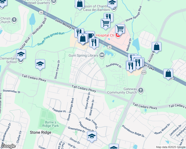 map of restaurants, bars, coffee shops, grocery stores, and more near 24667 Kings Canyon Square in Stone Ridge