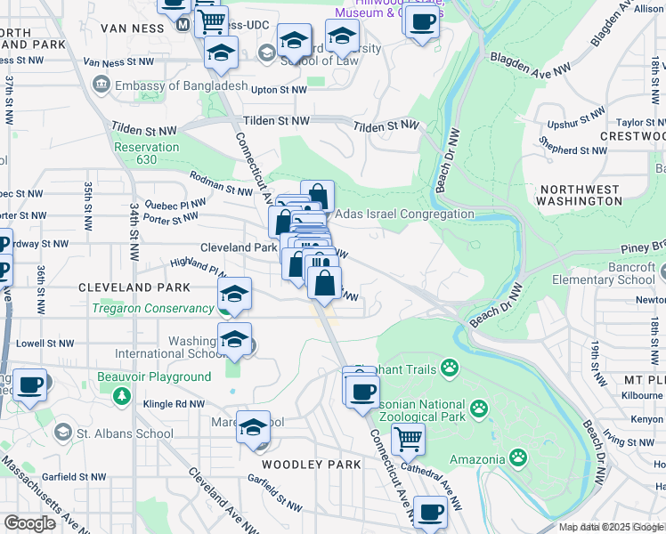 map of restaurants, bars, coffee shops, grocery stores, and more near 2745 Ordway Street Northwest in Washington