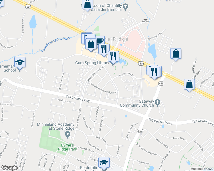 map of restaurants, bars, coffee shops, grocery stores, and more near 24656 Kings Canyon Square in Stone Ridge