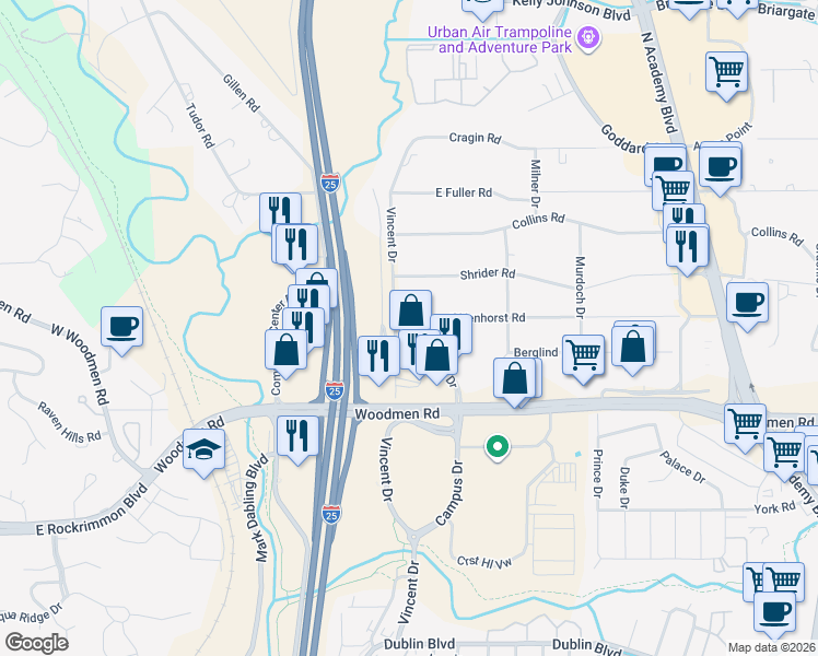 map of restaurants, bars, coffee shops, grocery stores, and more near 827 East Venhorst Road in Colorado Springs