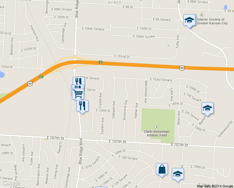 map of restaurants, bars, coffee shops, grocery stores, and more near 10405 Oakland Avenue in Kansas City