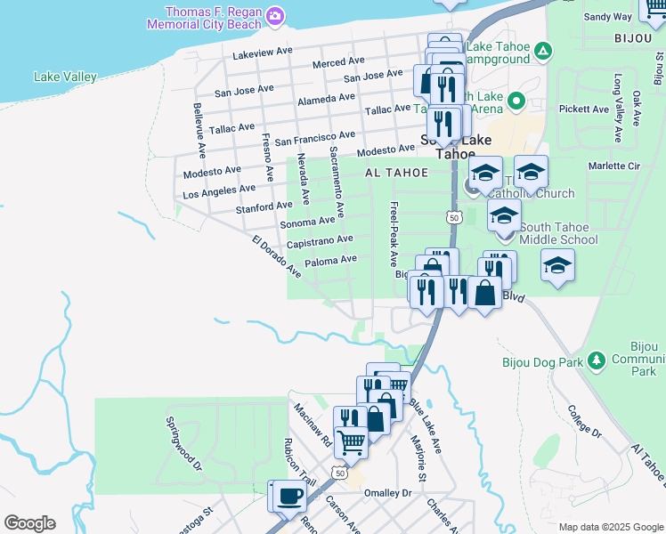 map of restaurants, bars, coffee shops, grocery stores, and more near 834 Paloma Avenue in South Lake Tahoe