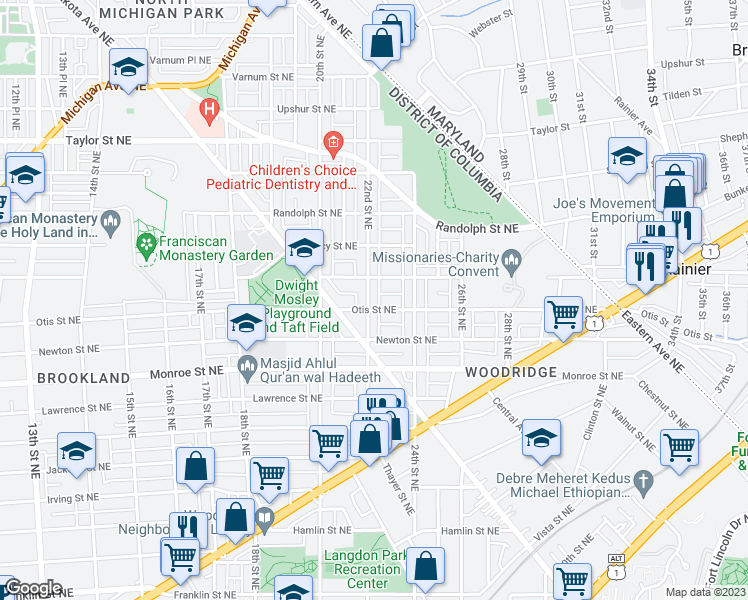 map of restaurants, bars, coffee shops, grocery stores, and more near 3707 22nd Street Northeast in Washington