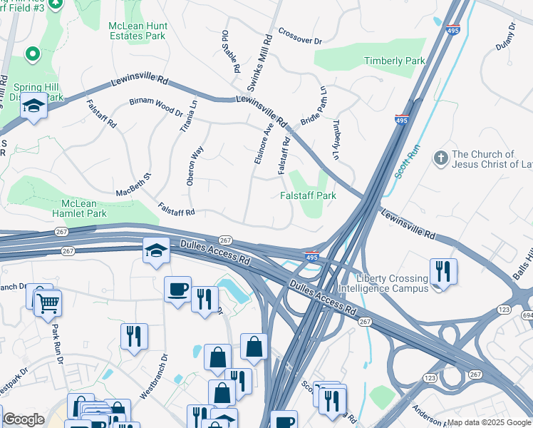map of restaurants, bars, coffee shops, grocery stores, and more near 1402 Romeo Court in McLean