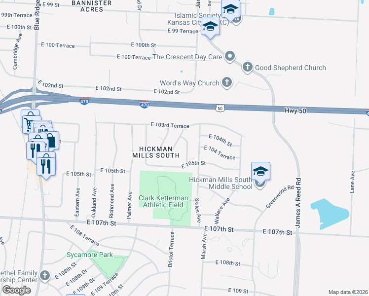 map of restaurants, bars, coffee shops, grocery stores, and more near 10404 Tullis Avenue in Kansas City