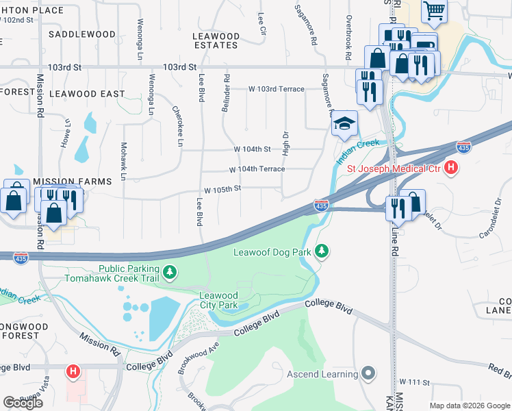 map of restaurants, bars, coffee shops, grocery stores, and more near 10508 Meadow Lane in Leawood