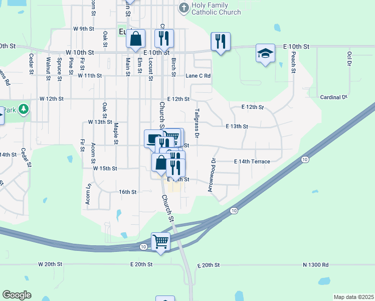 map of restaurants, bars, coffee shops, grocery stores, and more near 1404 Ash Court in Eudora