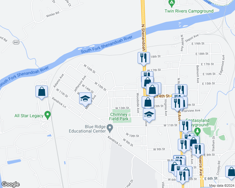 map of restaurants, bars, coffee shops, grocery stores, and more near 509 West 14th Street in Front Royal