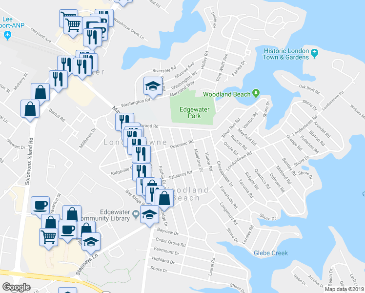 map of restaurants, bars, coffee shops, grocery stores, and more near 1729 Potomac Road in Edgewater