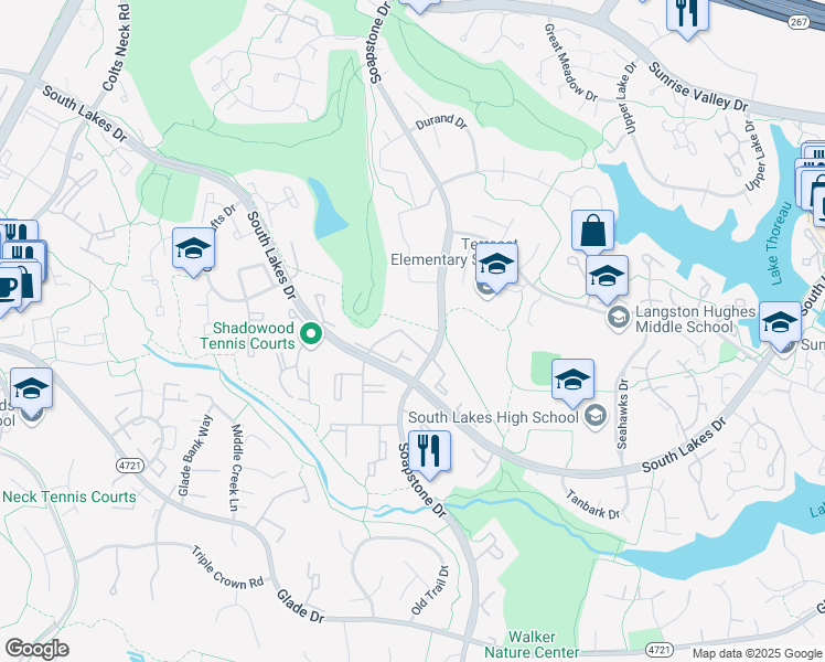 map of restaurants, bars, coffee shops, grocery stores, and more near 2108 Green Watch Way in Reston