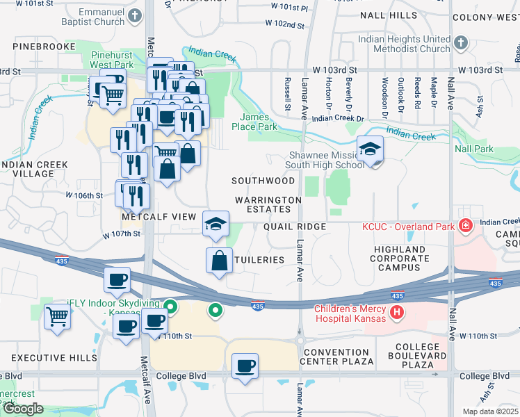 map of restaurants, bars, coffee shops, grocery stores, and more near 10683 Riggs Drive in Overland Park