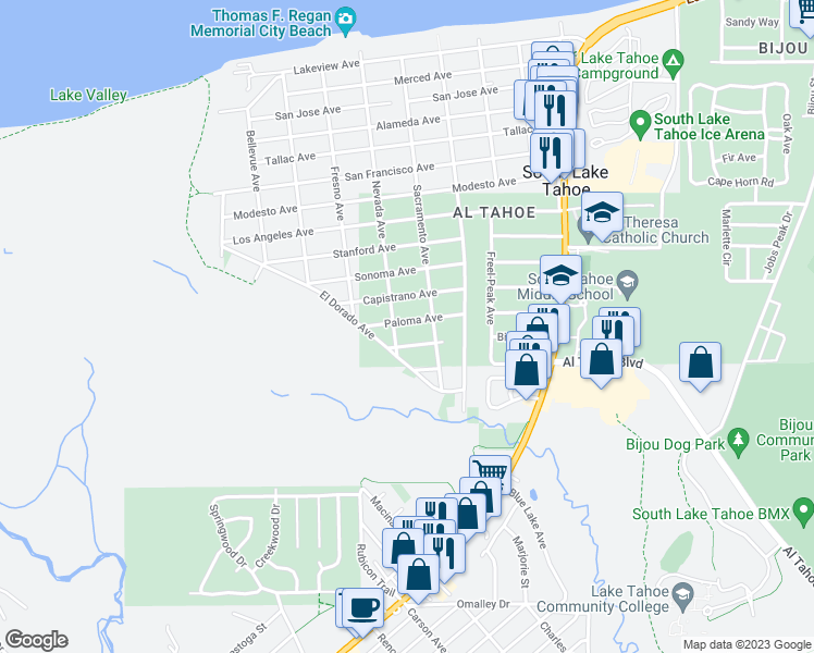 map of restaurants, bars, coffee shops, grocery stores, and more near 834 Paloma Avenue in South Lake Tahoe