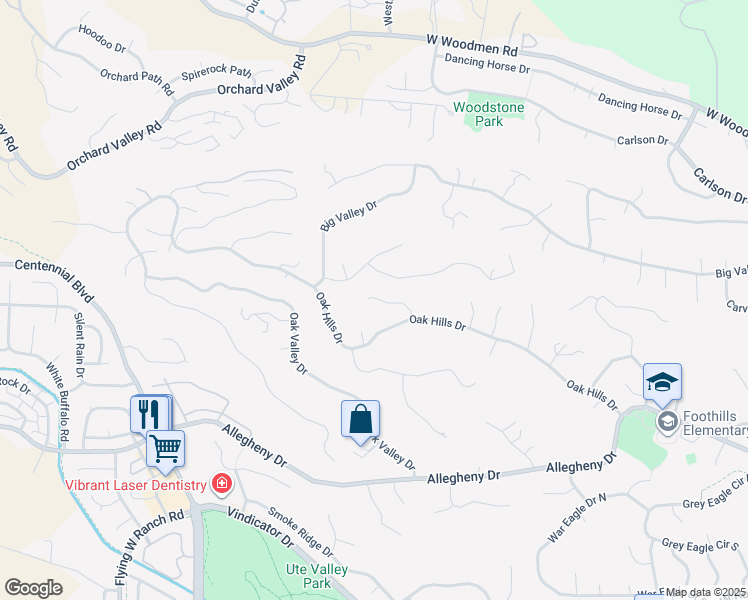 map of restaurants, bars, coffee shops, grocery stores, and more near 7230 Oak Hills Trail in Colorado Springs