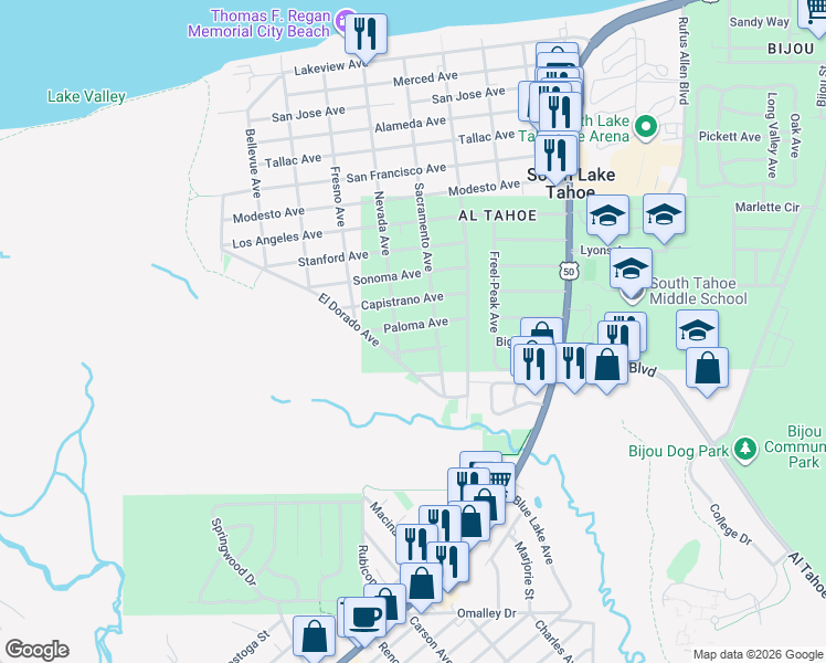 map of restaurants, bars, coffee shops, grocery stores, and more near 838 Paloma Avenue in South Lake Tahoe