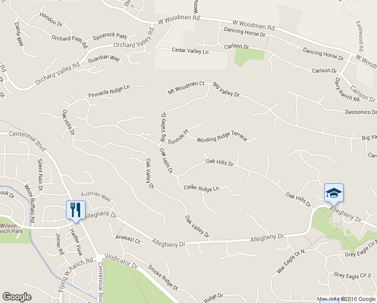 map of restaurants, bars, coffee shops, grocery stores, and more near 7230 Oak Hills Trail in Colorado Springs