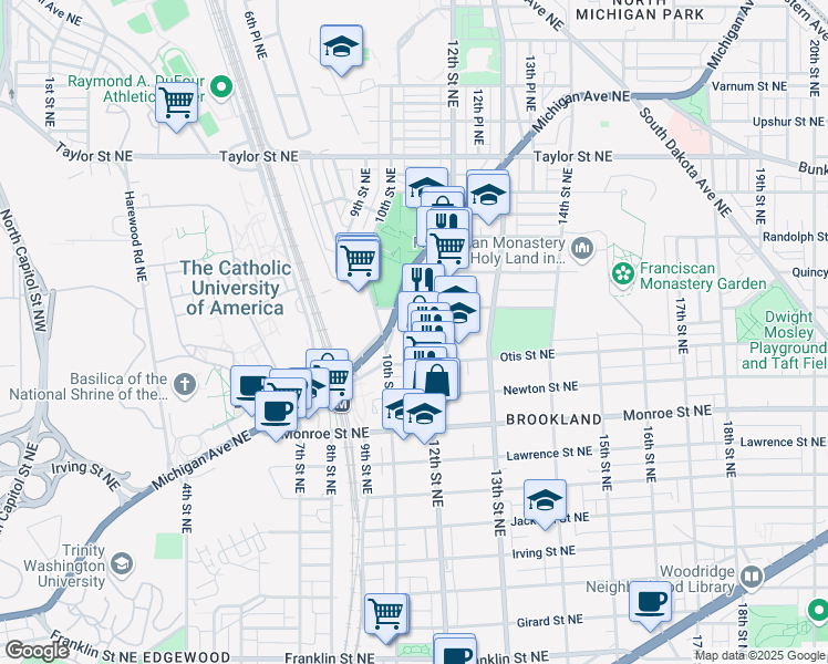 map of restaurants, bars, coffee shops, grocery stores, and more near 3730 12th Street Northeast in Washington