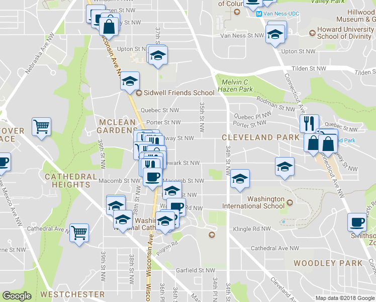 map of restaurants, bars, coffee shops, grocery stores, and more near 3503 Newark Street Northwest in Washington
