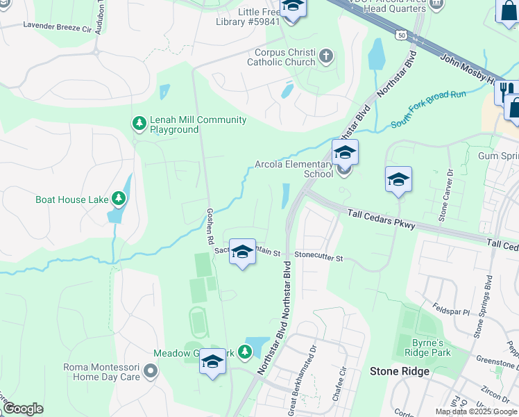 map of restaurants, bars, coffee shops, grocery stores, and more near 24648 Mississippian Court in Aldie