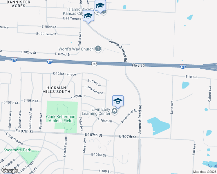 map of restaurants, bars, coffee shops, grocery stores, and more near 10400 Wallace Avenue in Kansas City