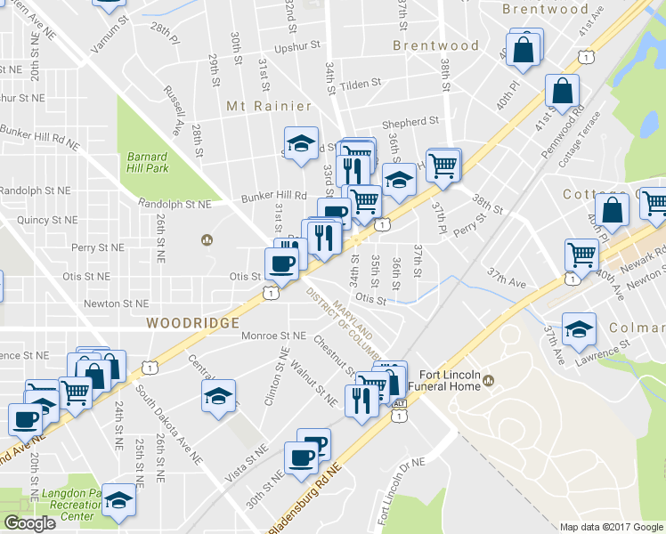 map of restaurants, bars, coffee shops, grocery stores, and more near 3239 Rhode Island Ave in Mt Rainier