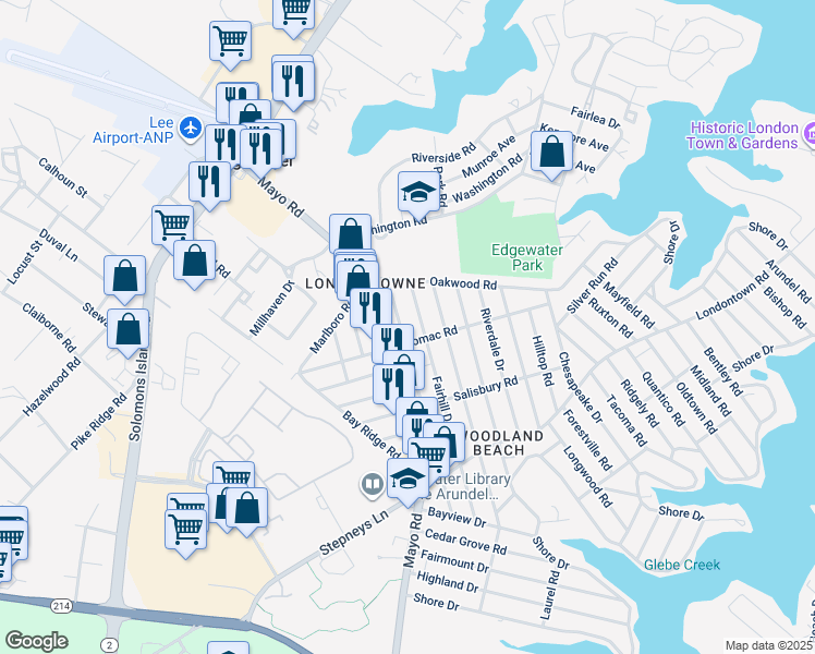 map of restaurants, bars, coffee shops, grocery stores, and more near 1623 Elkridge Drive in Edgewater