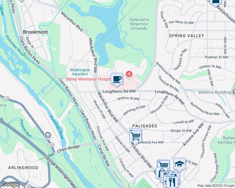 map of restaurants, bars, coffee shops, grocery stores, and more near 5246 Loughboro Road Northwest in Washington