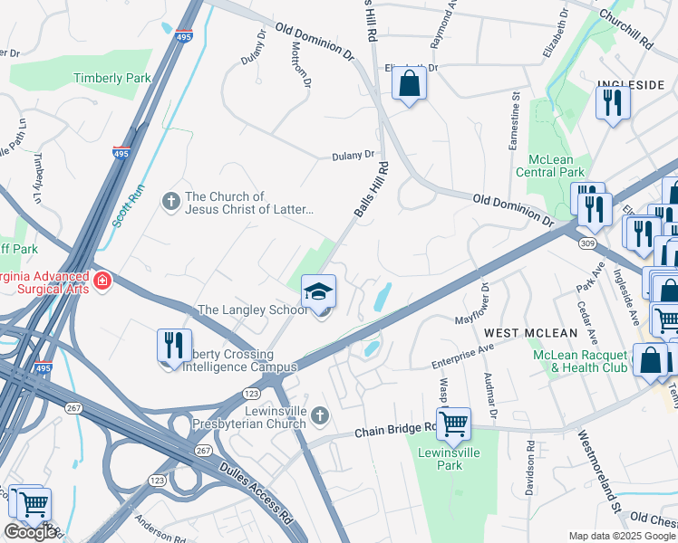 map of restaurants, bars, coffee shops, grocery stores, and more near 7281 Evans Mill Road in McLean