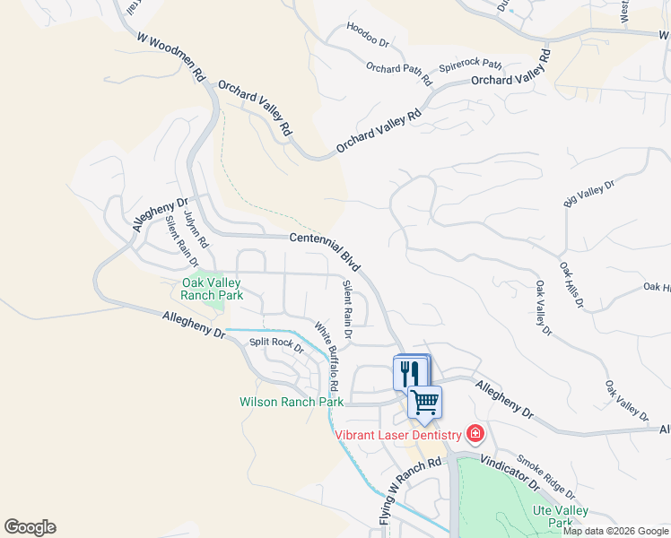 map of restaurants, bars, coffee shops, grocery stores, and more near 2268 Silent Rain Drive in Colorado Springs