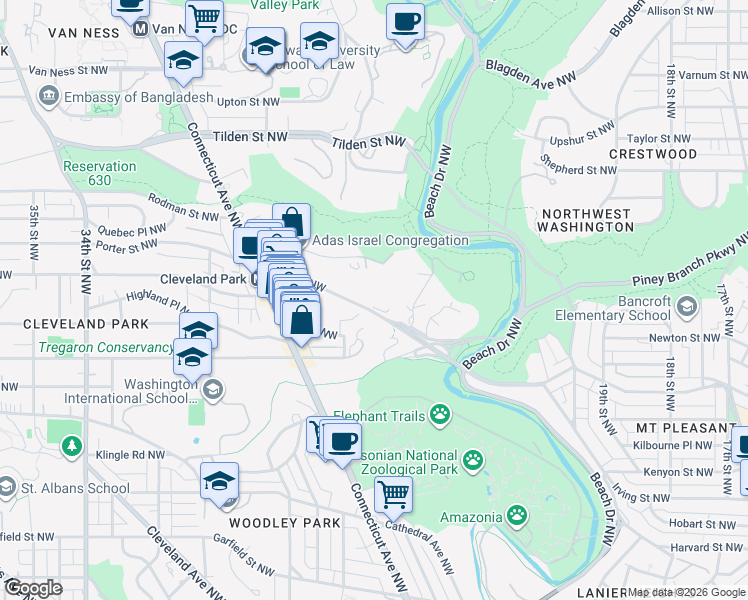map of restaurants, bars, coffee shops, grocery stores, and more near 2501 Porter Street Northwest in Washington