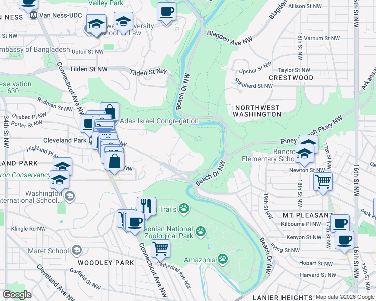 map of restaurants, bars, coffee shops, grocery stores, and more near 2331 Porter Street Northwest in Washington