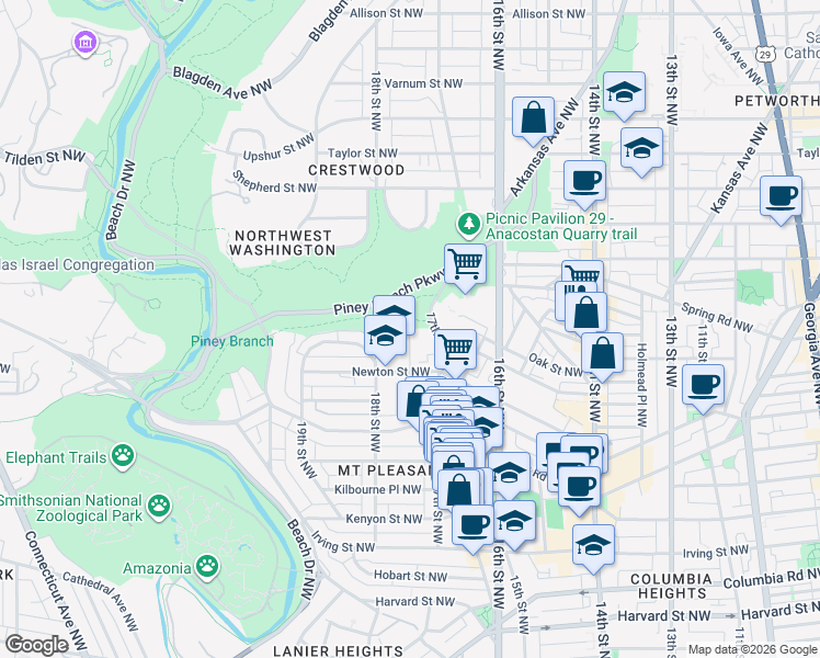 map of restaurants, bars, coffee shops, grocery stores, and more near 5539 Mount Pleasant Street Northwest in Washington