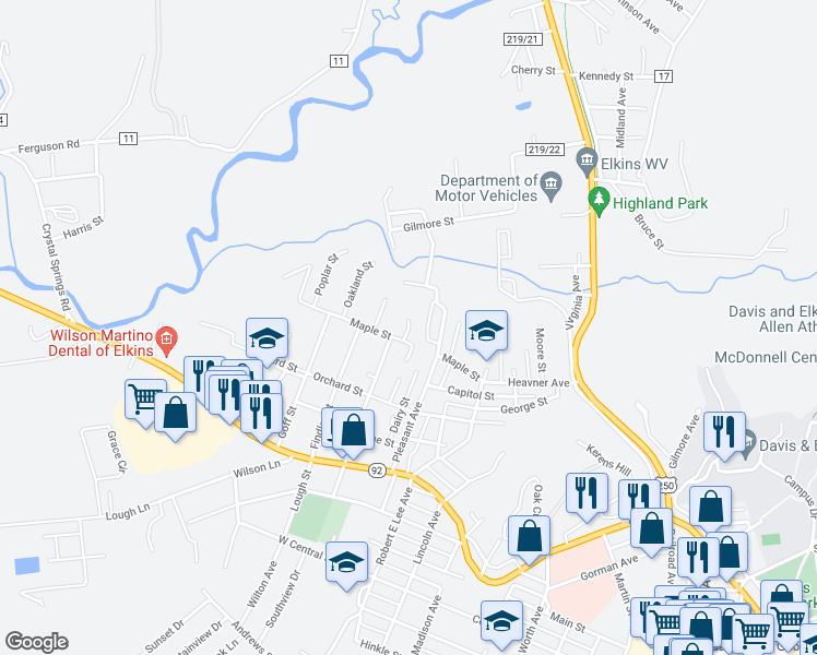 map of restaurants, bars, coffee shops, grocery stores, and more near 27 Baker Street in Elkins