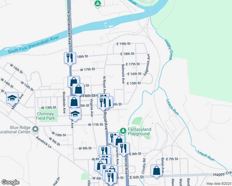 map of restaurants, bars, coffee shops, grocery stores, and more near 1335 Warren Avenue in Front Royal